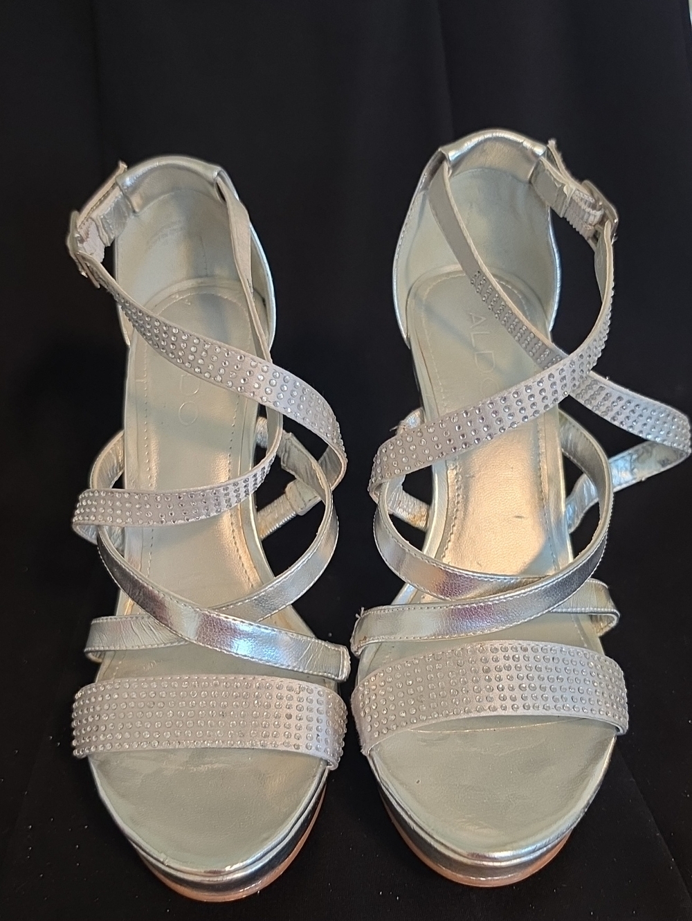 Aldo Silver Strappy Rhinestone Heeled Sandals
